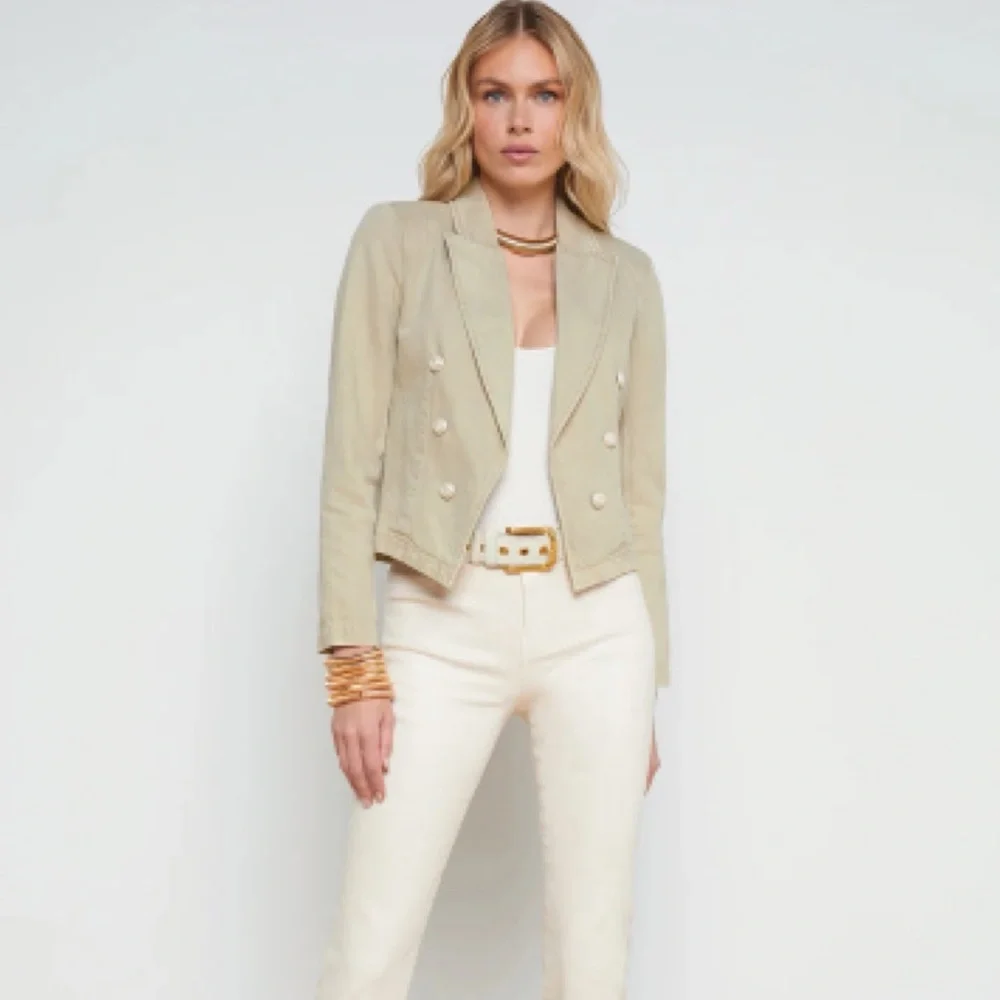 L’Agence Wayne Crop Double Breasted Denim Jacket Sand Dune Tan XXL